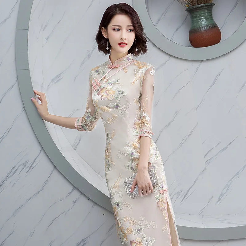 Женское Элегантное Длинное Платье Русалка Qipao китайское платье с национальной