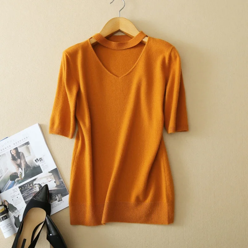 Women 100% Wool Sweater Autumn Fashion V-neck Short Sleeve Pullovers Knitted Sweaters S-XXL | Женская одежда