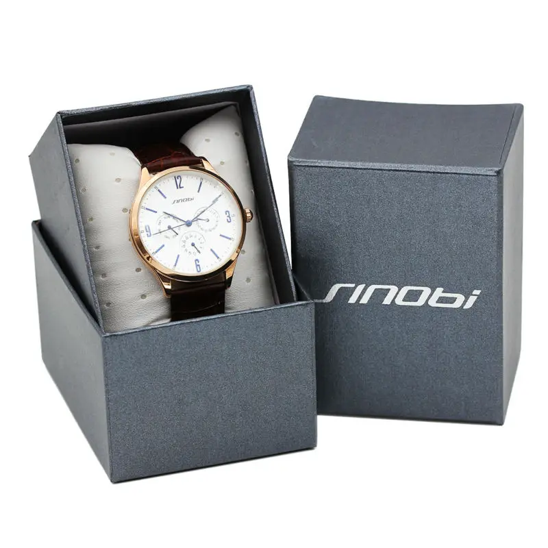 SINOBI Часы Высокого Качества Мужские Кожаные Кварцевые часы Люксовых Брендов
