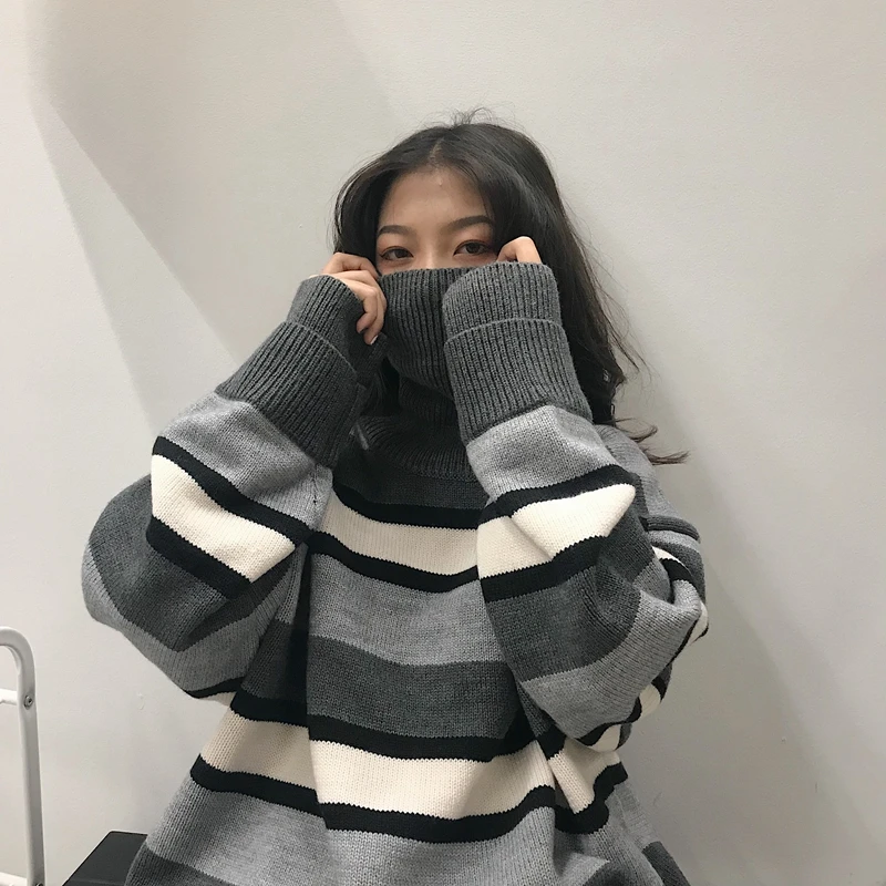 Autumn Winter 2019 Thick Warm Striped Sweater Casual Long sleeve Turtleneck Pullovers Knitted Women Harajuku | Женская одежда