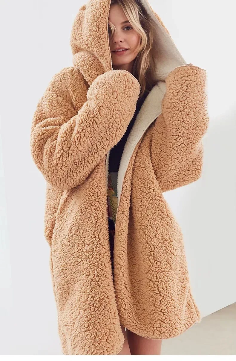 Faux Fur Coat Women Winter Warm Soft Hooded Long Double-sided Casacos Thickened Plush Loose Overcoat Casual Outerwear | Женская одежда