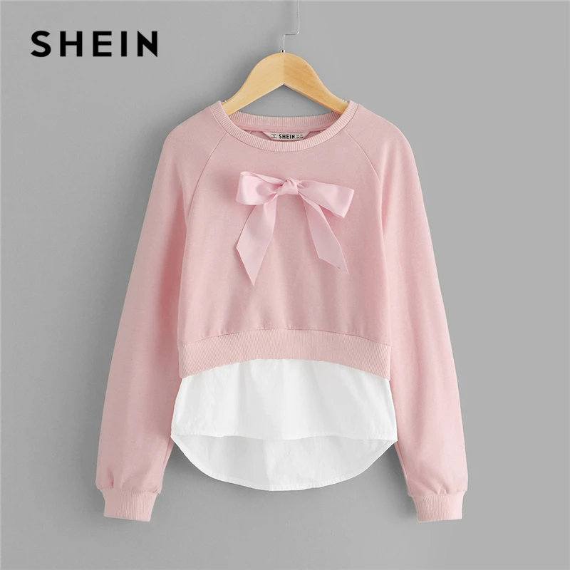 SHEIN/повседневные толстовки для девочек с розовым бантом спереди; топы для девочек; коллекция года; сезон весна; Модный милый пуловер с длинными рукавами; детская одежда
