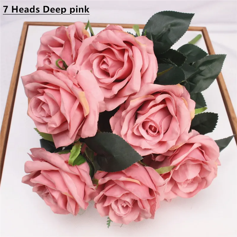 7 heads deep pink Дешевые 7/9/10 глав один пучок искусственный букет роз Шелковый декоративный цветок Свадебная вечеринка Рождественский Декор цветок материалы искусственные цветы тычинки цветов декор дома - Цвет: 7 heads deep pink