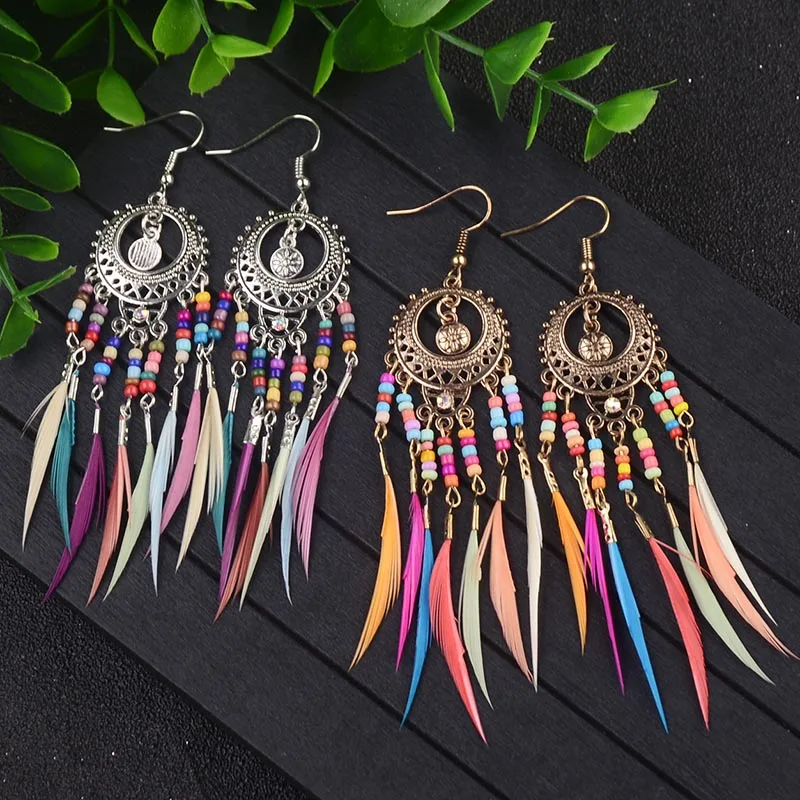Многоцветные длинные серьги кольца с перьями для женщин винтажные индийские