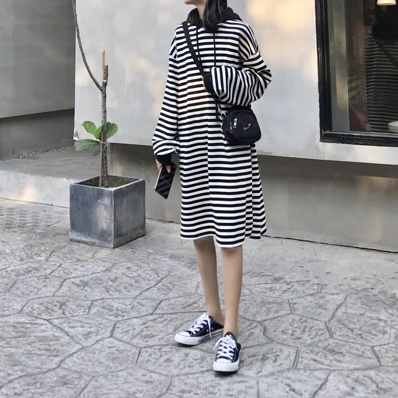 women clothes 2018 new arrival autumn korean fashion student long sleeve stripe hooded casual cotton ladies sweater dresses | Женская