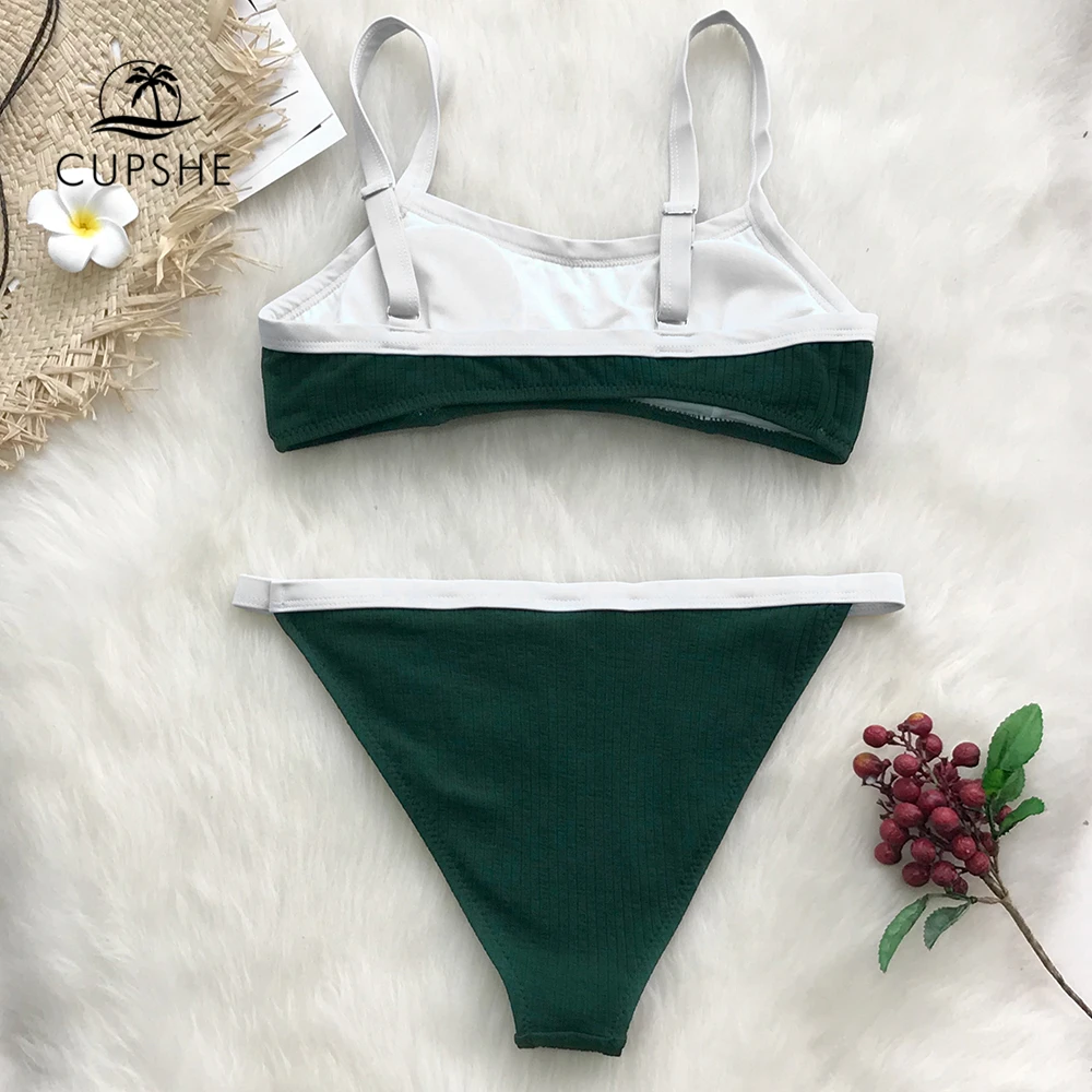 Женский купальник бикини CUPSHE темно зеленый с цветными блоками из двух предметов