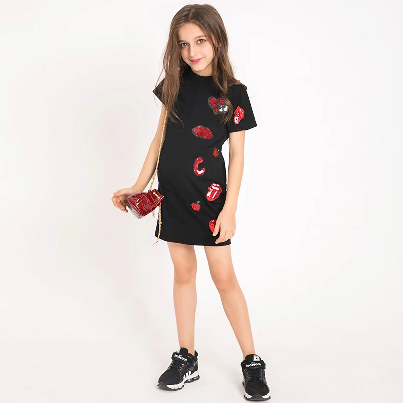 платья для девочек мода блестками платье с коротким рукавом дизайна 100% хлопок