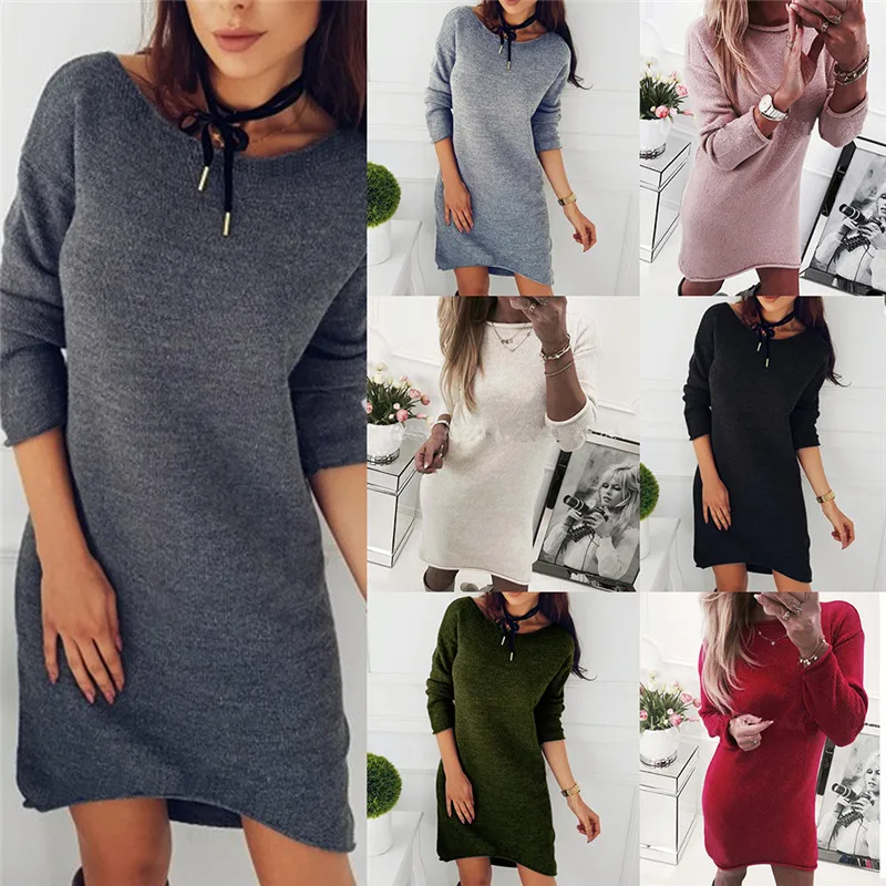 Casual Solid Winter Jumper Pull Femme Women Sweaters And Pullovers Long Sleeve Knitted Sweater Dress | Женская одежда