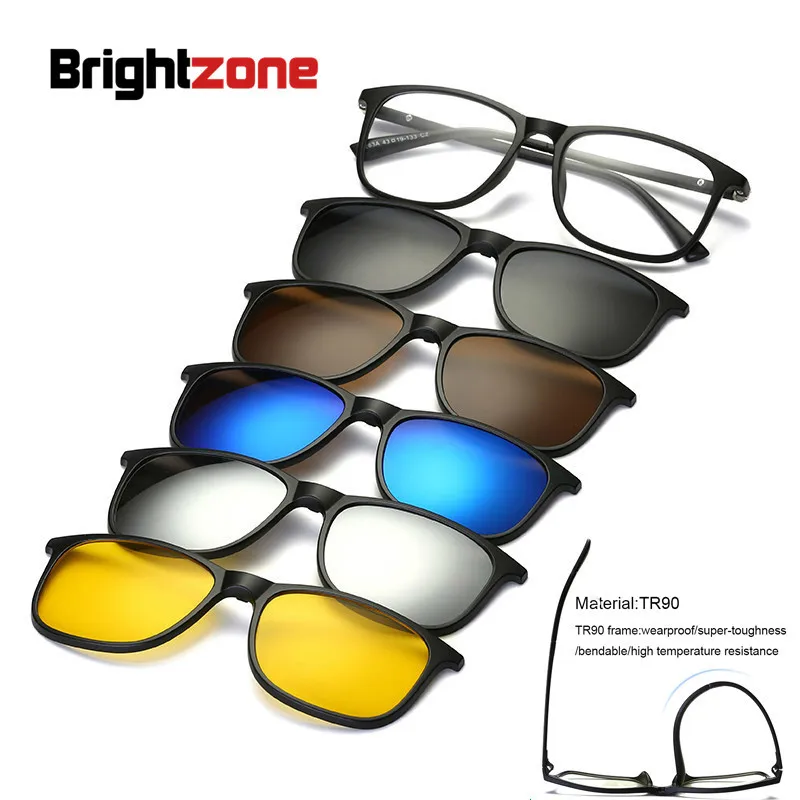 Brightzone TR90, Винтажные Солнцезащитные очки, магнитные, для мужчин, люксовый бренд, для женщин, на клипсе, оптическая близорукость, модные очки, оправа, 5 линз, поляризационные