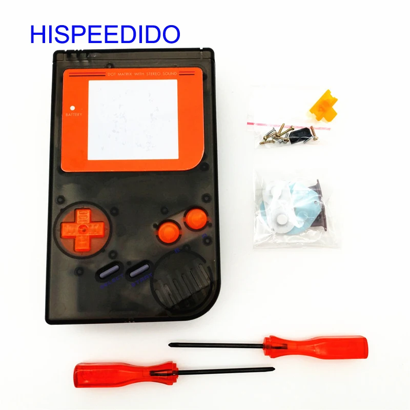 HISPEEDIDO-carcasa completa para Nintendo Gameboy Classic GB, carcasa negra transparente con botón naranja para destornilladores DMG GBO