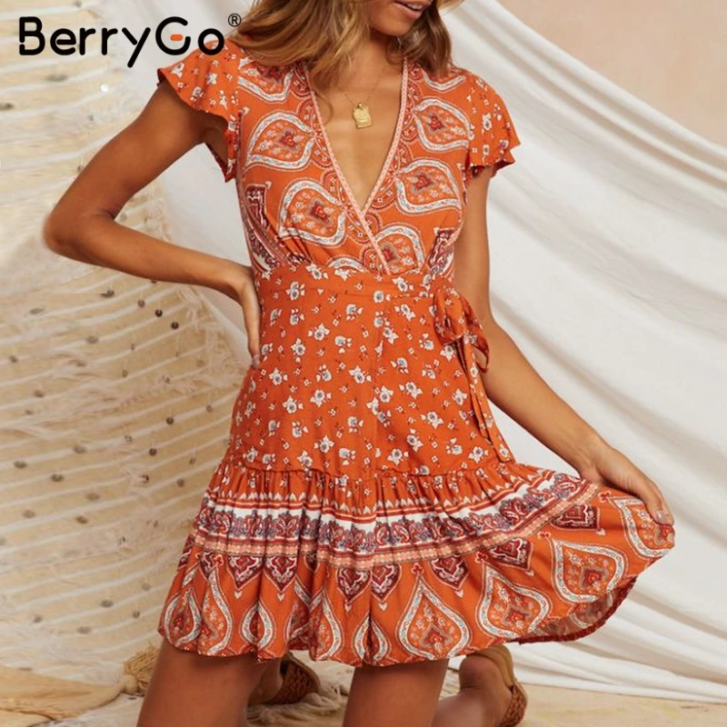 BerryGo женские платья Boho floaral Платье с принтом сексуальные глубокие v-образным