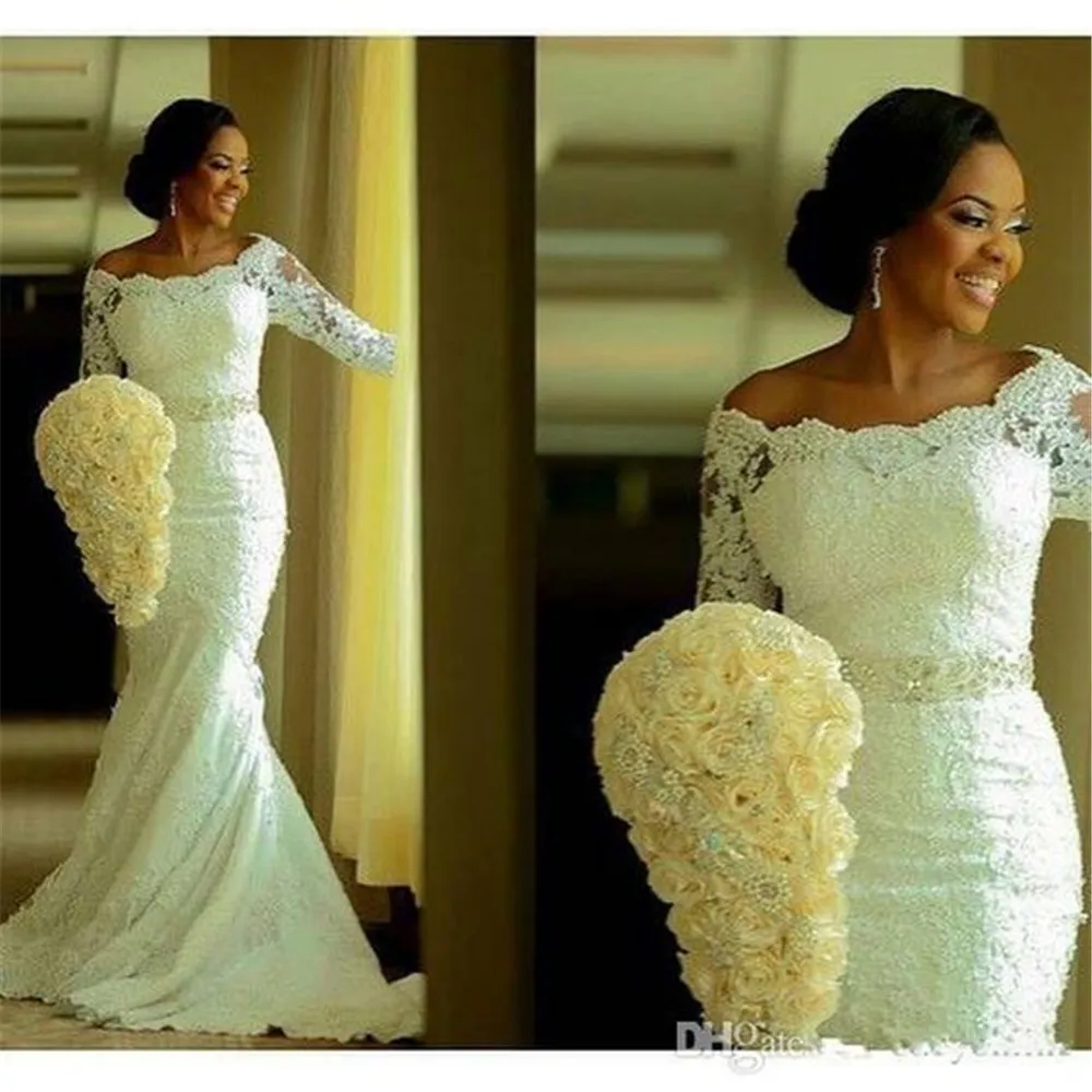 Русалка vestidos de novia Свадебные Платья 2017 Из Бисера Кружева Appliques Хиджаб Длинным