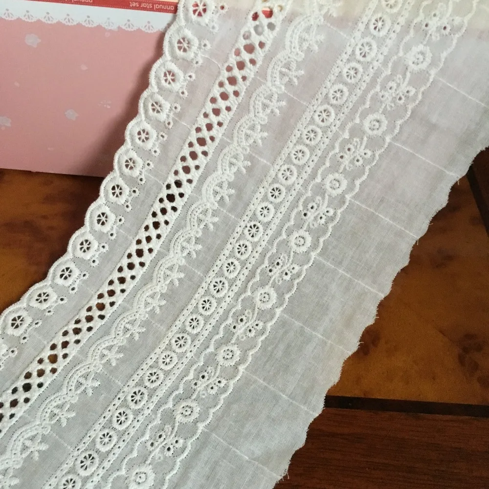 

Embroidered Floral white cotton lace trim fabric sewing for dress DIY 11cm width -QX