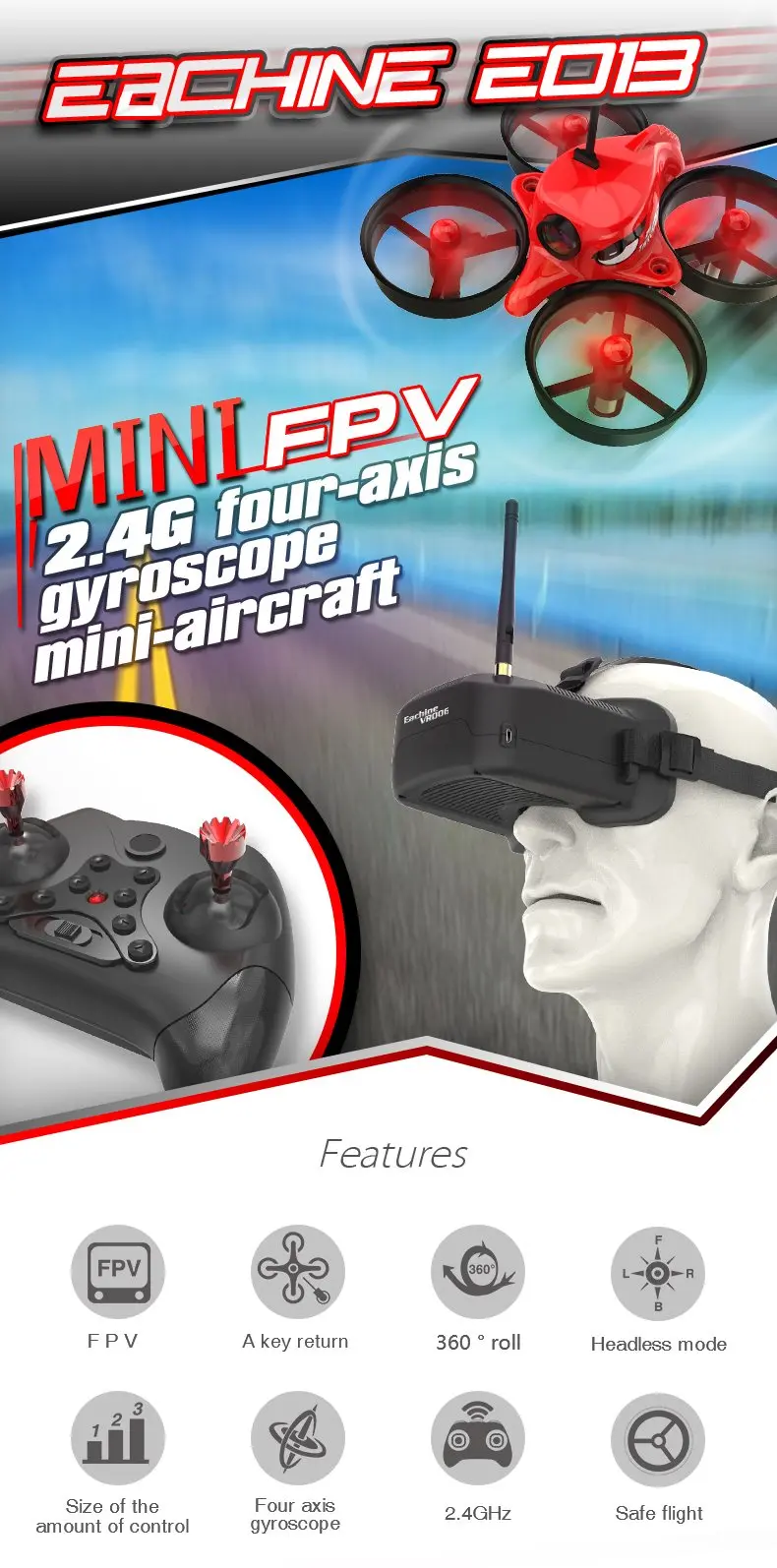 Eachine E013 микро FPV RC гоночный Квадрокоптер с 5,8G 1000TVL 40CH камерой VR006 VR-006 3 дюйма FPV очки VR гарнитура