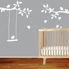 Наклейка на стену с ветками деревьев и птицами, наклейка на стену в детскую, художественная наклейка, фреска, качели, декор для детской