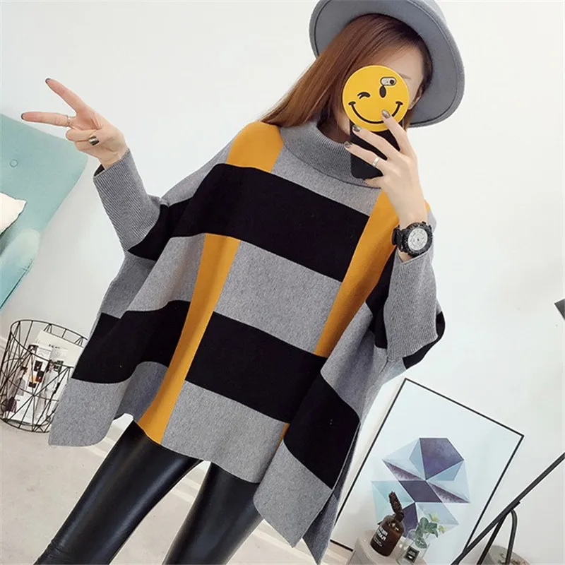 Korobov Plaid Panelled Turtleneck Capes Women Sweater Batwing Sleeve Loose Sueter Mujer Ponchos Autumn New Pullovers 51251