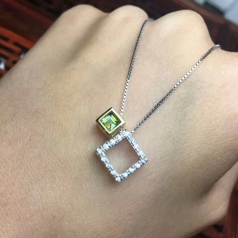 

natural green tourmaline pendant S925 silver Natural gemstone Pendant Necklace Simple Small Square two wears girl gift jewelry
