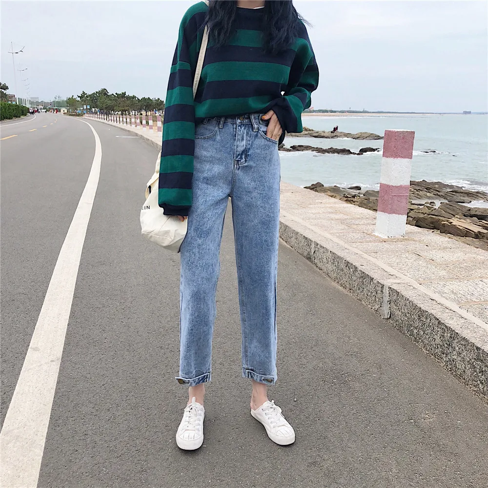 S-XL, 3 цвета, осень, корейский стиль, высокая талия, джинсы для женщин, свободные прямые джинсы, джинсовые штаны для женщин(Z8333