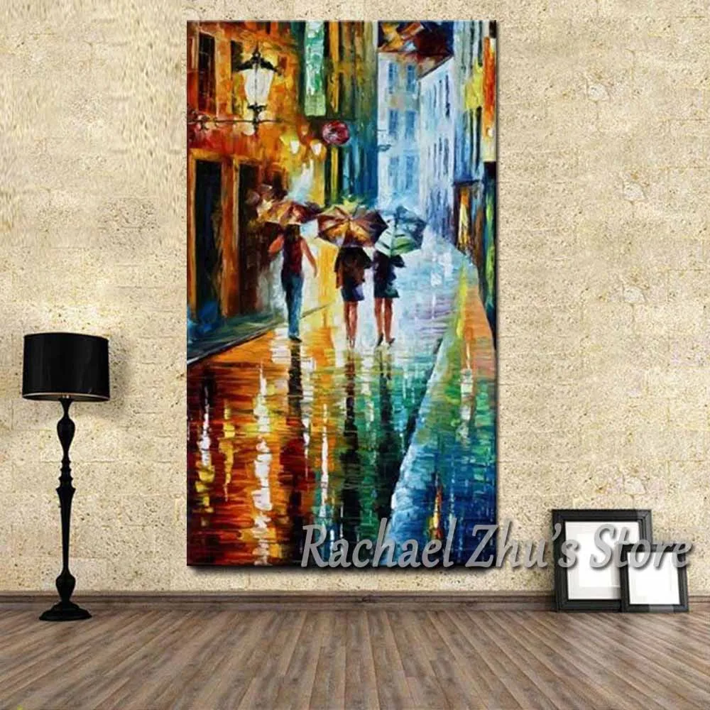 Ручная роспись палитра нож дождливая ночь зонтик картина маслом на холсте