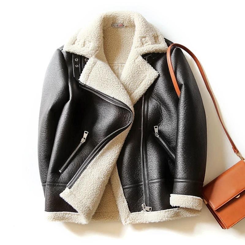 

New 2019 Leather Jacket Women Winter New Red Faux Sheepskin Coat 4 Colors Cashmere Thick PU Leather Fur Shearling Coats AS3713