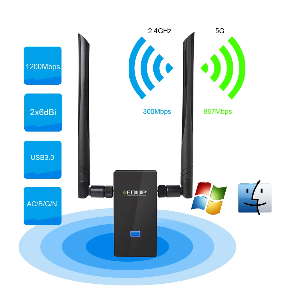 EDUP Dual Band 1200 Мбит/с 2 4 ГГц/5 8 ГГц Wi-Fi Dongle Беспроводной USB WiFi адаптер антенны сетевой