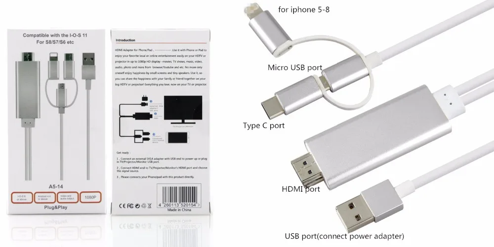 3 в 1 2 м HDMI кабель usb type-c Micro USB к HDMI для iPhone 5 5S 6 6S Plus для Android LG samsung htc xiaomi