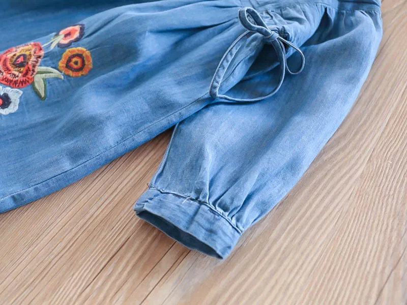 Baby Girls Embroidery Floral Vintage Denim Dress Spring Autumn Ruffles Bow Sweet Kids Clothing | Детская одежда и обувь