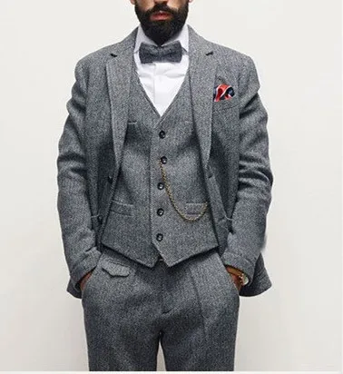 

Latest Design Custom Made Tweed Wool Vintage Suits For Men 3Piece Wedding Groom Tuxedos Ternos Masculino(Jacket+Pant+Vest)