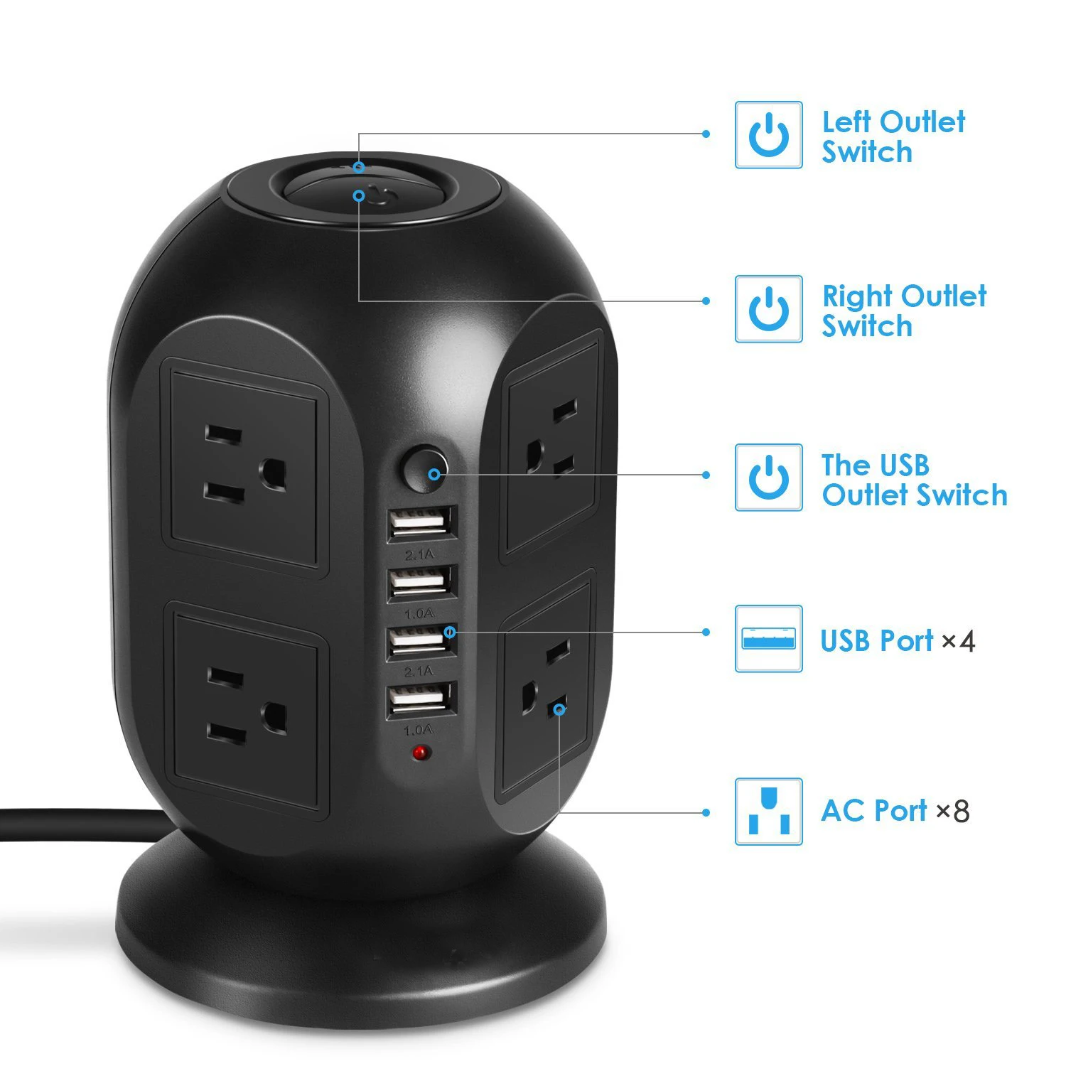 Смарт-Башня сетевой фильтр USB розетка 8 AC Розетка с USB 4 портами США штекер Адаптер длинный удлинитель 9,8 футов/3 м
