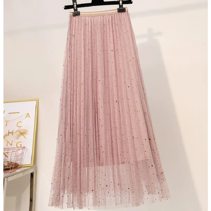 2019 NEW Women Pleated Skirts In Summer Star Sequined Tulle Skirt 3 layers Lurex High Waist A Line skirt | Женская одежда