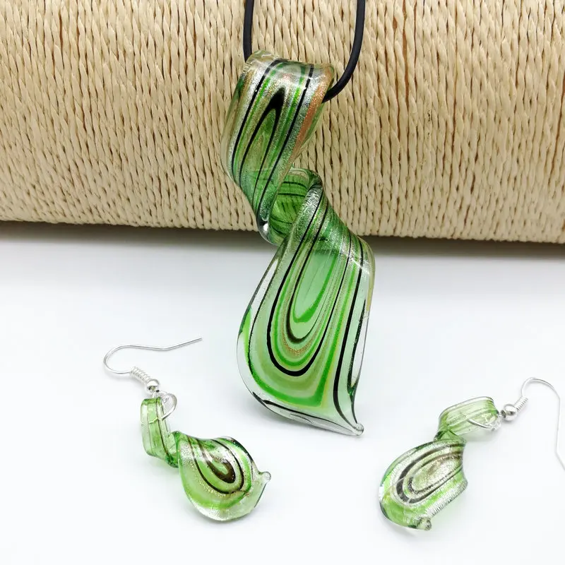 

6 Sets Green Lampwork Glass Murano Pendant Necklace Earrings