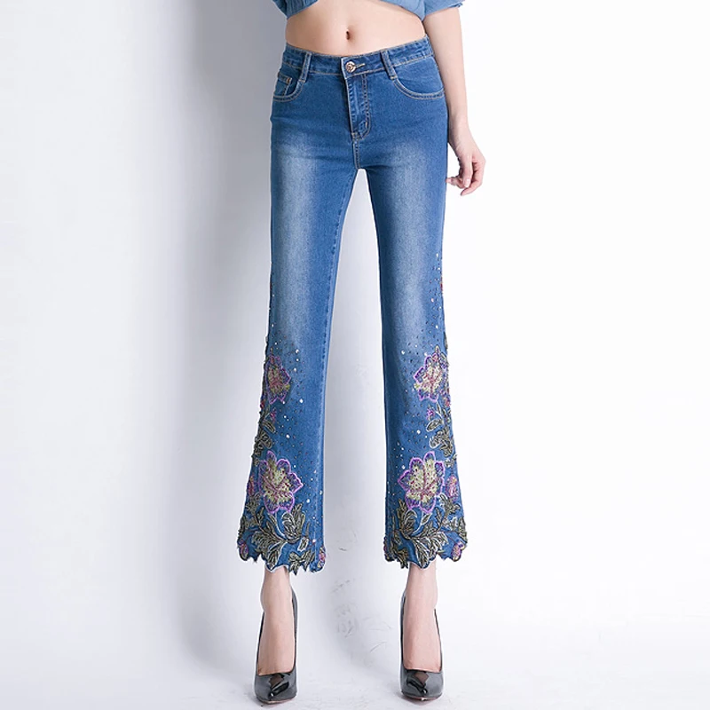 

FERZIGE Brand High Waist Skinny Jeans Women Cotton Casual Flare Pants Beautiful Handmade Beading Embroidery Blue Sweet Trousers
