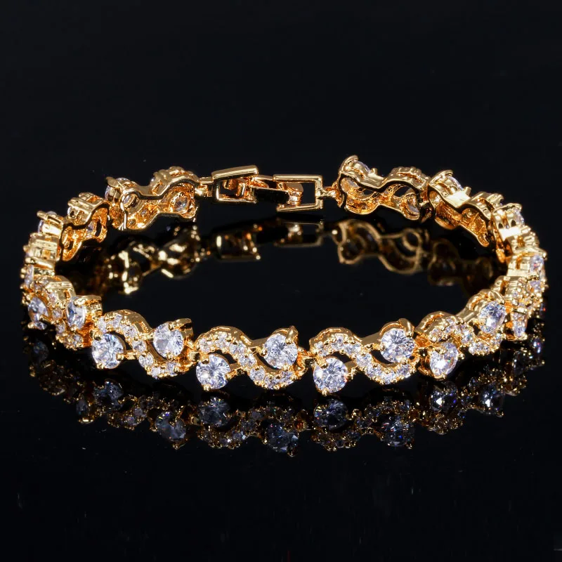 Gold white CWWZircons Модный Дизайнерский Браслет Золотого Цвета с Белым Кубическим Цирконием и Темно-синим Кристаллом для Женщин Украшение в подарок CB193 - Окраска металла: Gold white