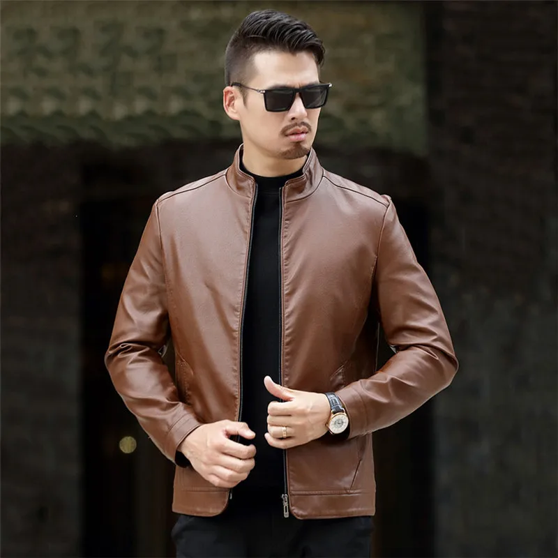 Khaki Мужская M-4XL кожаная куртка весна осень новая мужская модная классическая приталенная Тонкая Повседневная куртка из овечьей кожи YH289 - Цвет: Khaki