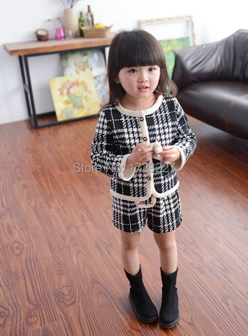 Free shipping 2015 spring new girls small fragrant wind round neck long-sleeved suit children's two-piece and shorts | Детская