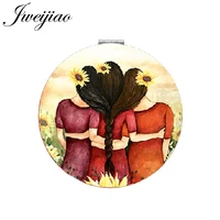 jweijiao sunflowers long hair sisters folding round mini 1x2x magnifying mirror love gilrs pu leather makeup mirror