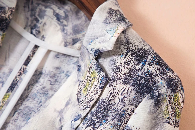 SEQINYY Short Jacket Summer Spring New Fashion Design 3/4 Sleeve Ink Forest Printed Thin Casual Women Linen Blazer