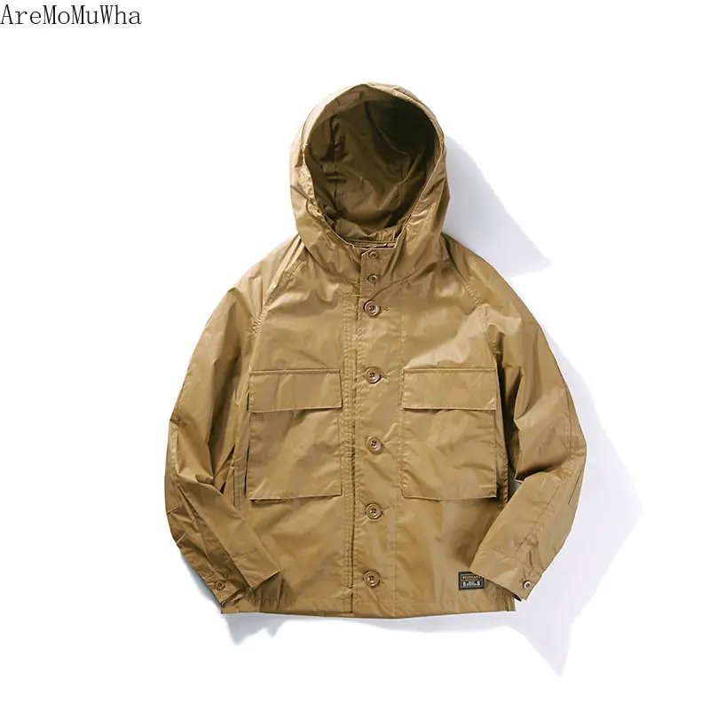 

AreMoMuWha Original Tooling Large Pocket Coating Machine Waterproof Short Men's Wrinkle Hooded Jacket Hip Hop Jacket Army QX213