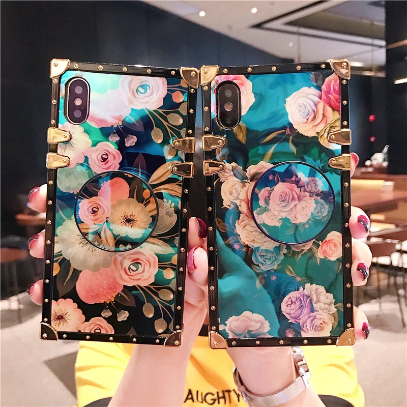 

Luxury square blue rose silicone case for iphone 13 12 11 Pro X XS MAX XR 7 8 plus flower stand cover for iphone 14 Pro Max