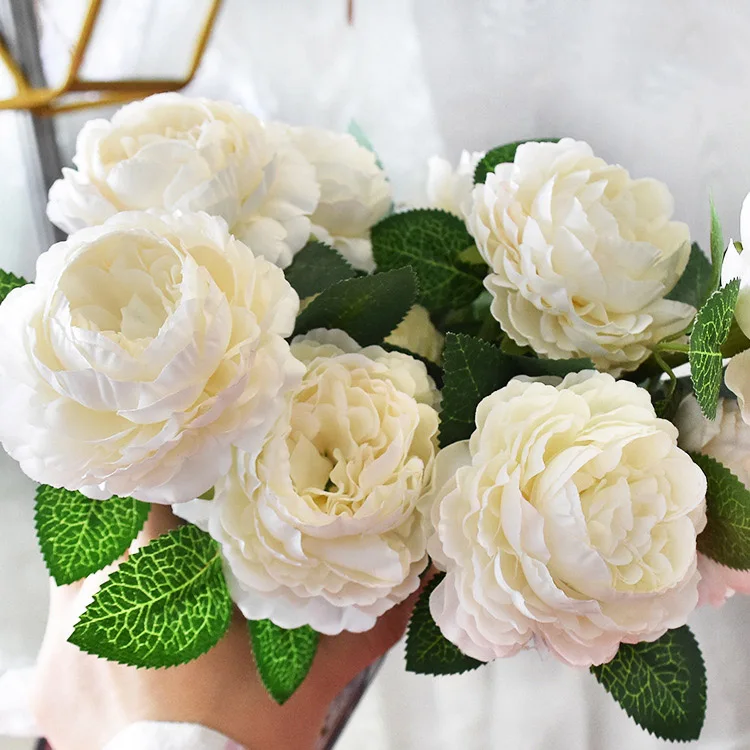 White Искусственные розы пионы шелковые цветы DIY длинная ветка 3 головки пионы Искусственные цветы Свадебные Декорации для сцены - Цвет: White