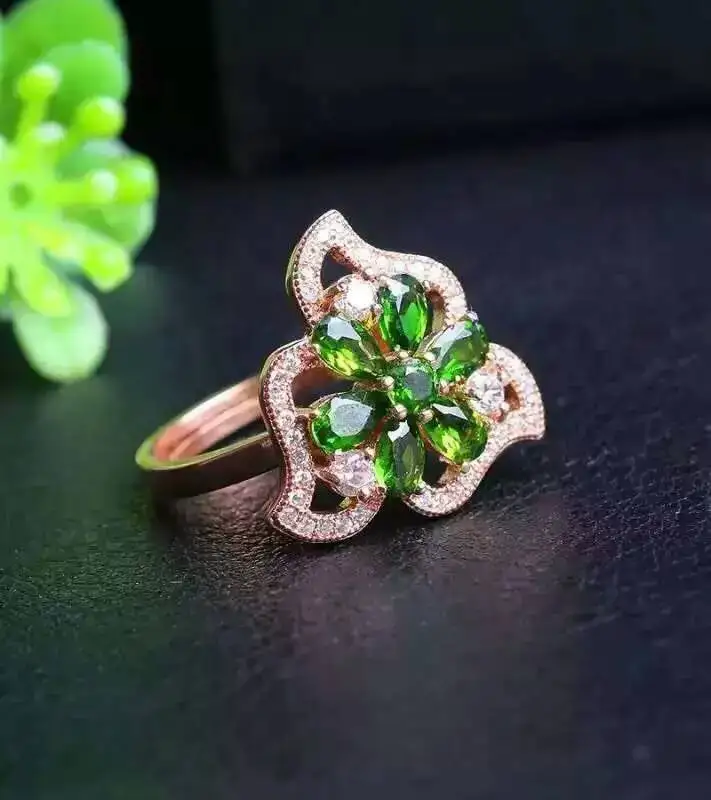 Натуральное зеленое кольцо из диопсида с драгоценным камнем натурального