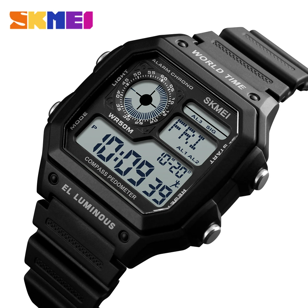 Black SKMEI Мужские часы с обратным отсчетом, компасом, шагомером, калориями, спортивные часы, Топ бренд, роскошные мужские наручные часы, водонепроницаемые, светодиодный, цифровые часы - Цвет: Black