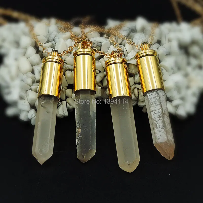 

Natural Crystal Pillar Point Pendants Necklaces Stone Glued With Copper Bullet Casing Of Plating Gold 50-60 mm Long