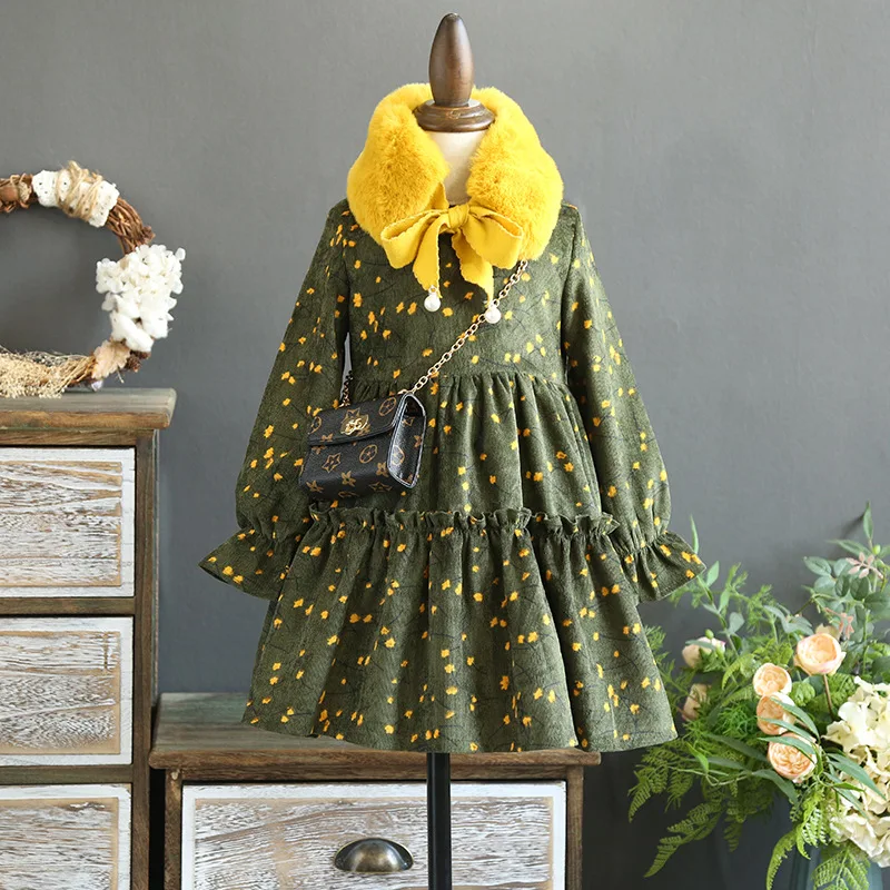 Платье для девочек Осень-зима 2017 новое платье с цветочным рисунком бархатное