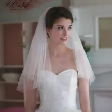 PEORCHID 2 Layer Short Wedding Veil กับหวีราคาถูก 2019 Dodatki Weselne ตัดขอบ Elegant Soft Tulle สีขาว/งาช้างเจ้าสาว