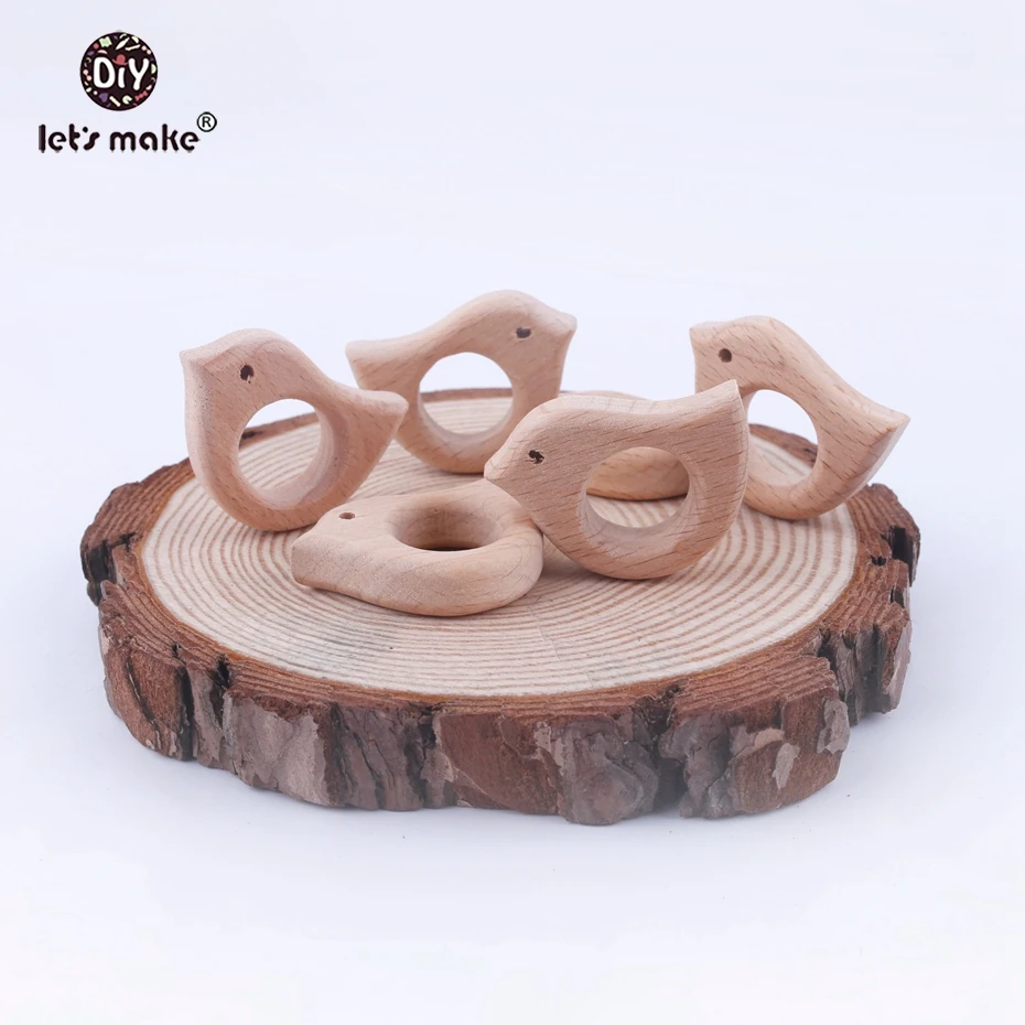 

Let's Make 5pcs Beech Wooden Teething Cute Bird Natural Cartoon Animal Shape Safe Newborn Kids Teething Toys Baby Teethers