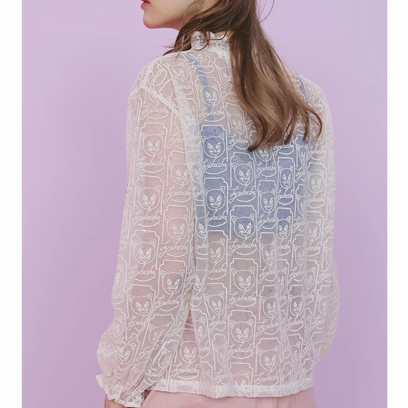 Женская кружевная блузка с длинным рукавом привлекательная Полупрозрачная из