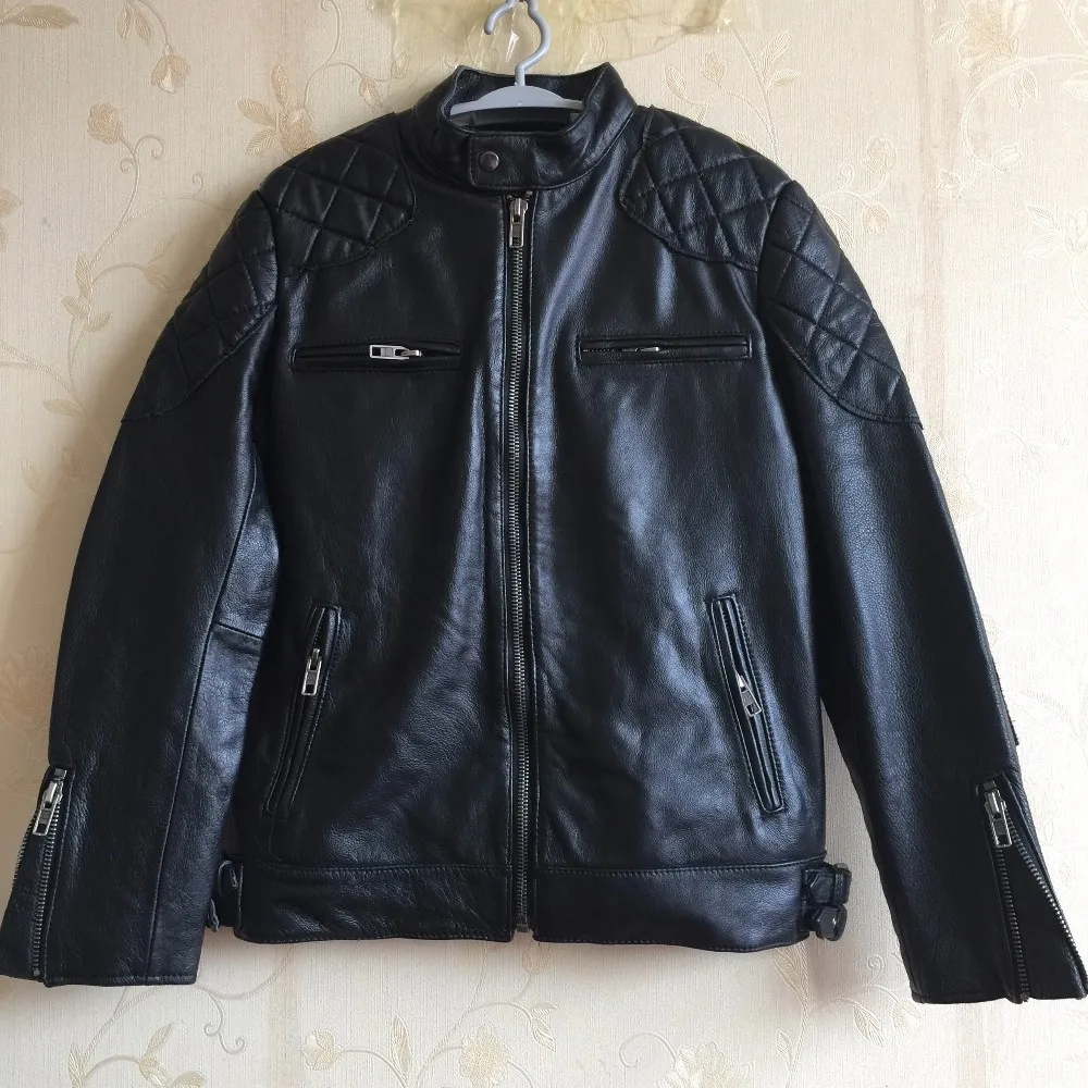 Винтажная Черная Мужская Байкерская кожаная куртка размера плюс XXXL из натуральной воловьей кожи Зимняя облегающая кожаная мотоциклетная куртка