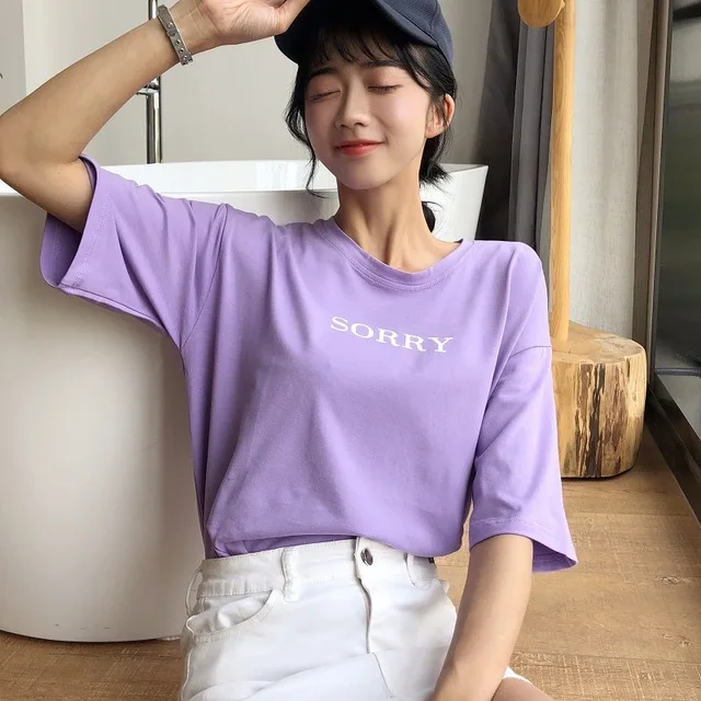Женская футболка с буквами, забавная летняя Корейская Повседневная Свободная фиолетовая футболка, футболка для женщин, топ, одежда, футболки с коротким рукавом - Цвет: A