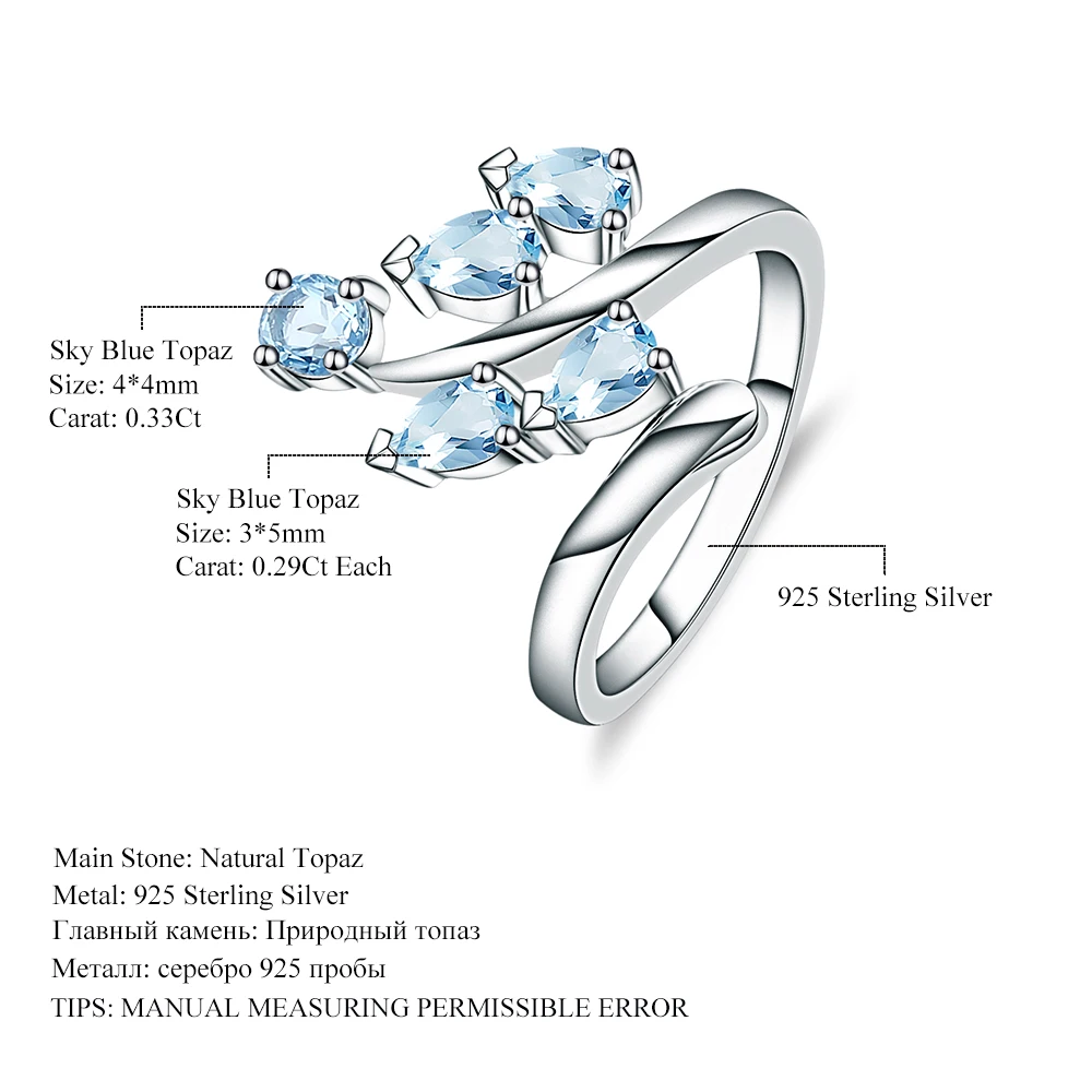 Женские кольца из серебра 925 пробы с натуральным небесно голубым топазом цветком